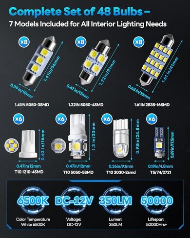 48Pcs Led Interior Car Lights Kit, 6500K White Interior Bulbs Replacement (194 T10 DE3175 W5W 168 578 2825 T5 31mm 36mm 41mm), Dome Map Dash Door Trunk License Plate Lights for Cars Trucks RVs in Saudi Arabia