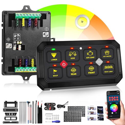 لوحة تبديل MAYELLO RGB 8 Gang مع وظيفة الذاكرة، لوحة تبديل قابلة للتعتيم التلقائي، لوحة تبديل متعددة الوظائف نابضة مؤقتة، لوحة تبديل 12-24 فولت مقاومة للماء لشاحنة قارب UTV، ضمان لمدة عامين in Kuwait