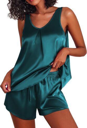 Ekouaer Womens Silk Pajamas Set Tank Top and Shorts Sleepwear Soft Sleeveless Pjs Satin 2 Piece Lounge Set S-XXL in Saudi Arabia