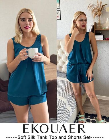 Ekouaer Womens Silk Pajamas Set Tank Top and Shorts Sleepwear Soft Sleeveless Pjs Satin 2 Piece Lounge Set S-XXL in Saudi Arabia