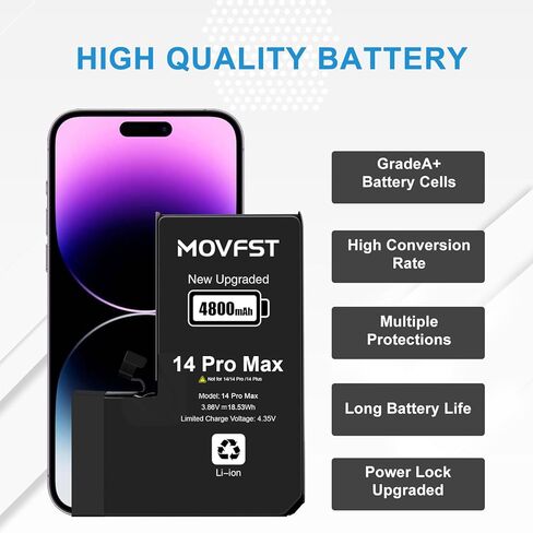 Replacement Battery for iPhone 14 Pro Max,4800mAh Li-ion Polymer High Capacity Battery Fit for iPhone 14 Pro Max Model A2894 A2651 A2893 A2895 with Repair Tool Kits in Kuwait