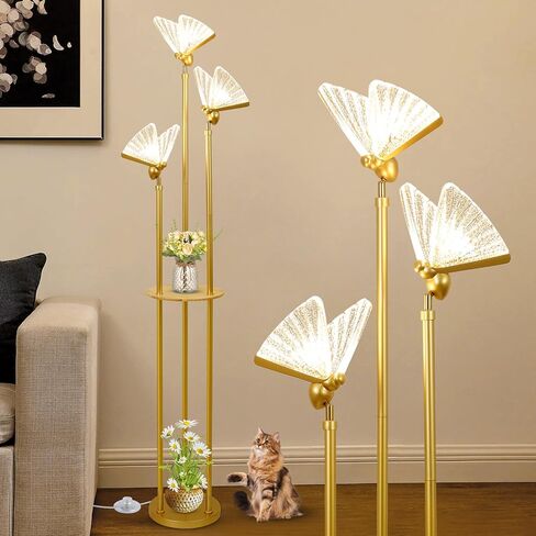 مصابيح أرضية ذهبية لغرفة المعيشة، مصباح أرضي حديث مع أرفف، 3 مصابيح فراشة LED قابلة للتعديل، مصابيح قائمة نحاسية مع طاولة، مفتاح تشغيل/إيقاف، مصباح أرضي طويل في الزاوية لغرفة النوم in Saudi Arabia