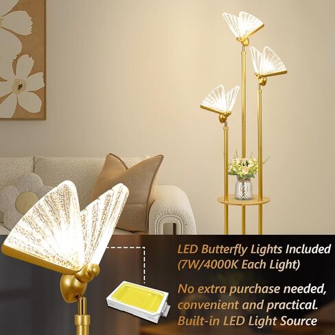 مصابيح أرضية ذهبية لغرفة المعيشة، مصباح أرضي حديث مع أرفف، 3 مصابيح فراشة LED قابلة للتعديل، مصابيح قائمة نحاسية مع طاولة، مفتاح تشغيل/إيقاف، مصباح أرضي طويل في الزاوية لغرفة النوم in Saudi Arabia
