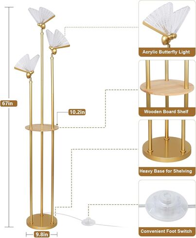 مصابيح أرضية ذهبية لغرفة المعيشة، مصباح أرضي حديث مع أرفف، 3 مصابيح فراشة LED قابلة للتعديل، مصابيح قائمة نحاسية مع طاولة، مفتاح تشغيل/إيقاف، مصباح أرضي طويل في الزاوية لغرفة النوم in Saudi Arabia