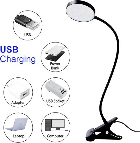 مصباح بمشبك على المكتب، ضوء للقراءة، مصباح للقراءة، ضوء USB مرن على شكل رقبة معقوفة، ضوء كتاب للأطفال الذين يقرؤون كتابًا في السرير ليلاً، مشبك على الطاولة، اللوح الأمامي، مسكن (أسود، مفتاح اللباقة 8 وات) in Kuwait