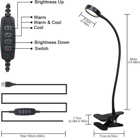 مصباح بمشبك على المكتب، ضوء للقراءة، مصباح للقراءة، ضوء USB مرن على شكل رقبة معقوفة، ضوء كتاب للأطفال الذين يقرؤون كتابًا في السرير ليلاً، مشبك على الطاولة، اللوح الأمامي، مسكن (أسود، مفتاح اللباقة 8 وات) in Kuwait