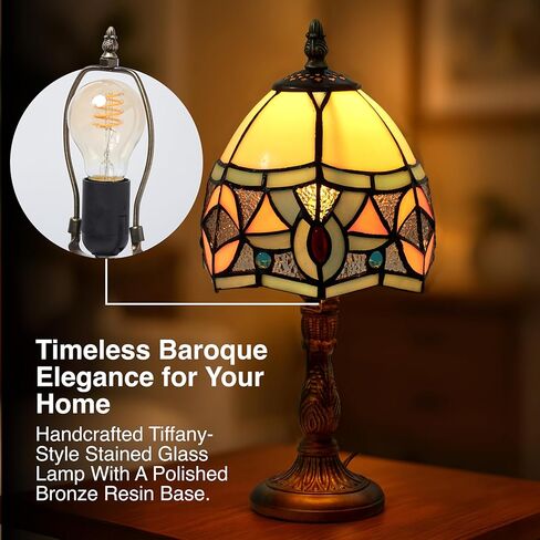 Baroque Style Stained Glass Table Lamp - 6.1''x3.5''x13'' Multicolor Tiffany Lamp Ideal for Bedside, Living Room, Bedroom, or Office - Decorative Handmade Lampshade with Bronze Resin Base in Saudi Arabia