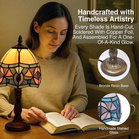 Baroque Style Stained Glass Table Lamp - 6.1''x3.5''x13'' Multicolor Tiffany Lamp Ideal for Bedside, Living Room, Bedroom, or Office - Decorative Handmade Lampshade with Bronze Resin Base in Saudi Arabia