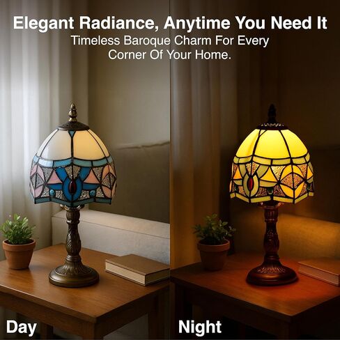 Baroque Style Stained Glass Table Lamp - 6.1''x3.5''x13'' Multicolor Tiffany Lamp Ideal for Bedside, Living Room, Bedroom, or Office - Decorative Handmade Lampshade with Bronze Resin Base in Saudi Arabia