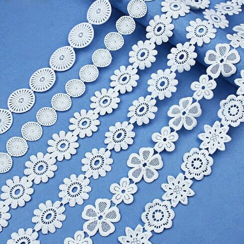 6 زخارف متنوعة من الدانتيل الزهري المطرز بنمط زهرة عتيقة من الدانتيل بحافة شريط أبيض إكسسوارات الملابس لتزيين الخياطة، بعرض 0.8 بوصة - 1.8 بوصة، كل منها 2 ياردة، إجمالي 12 ياردة (style5) in Kuwait