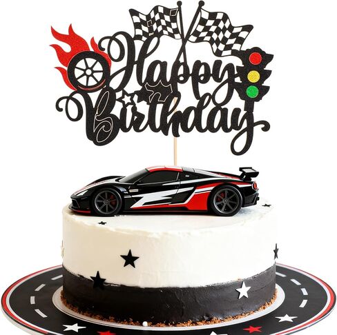1Pcs Race Car Happy Birthday Cake Topper, Glitter Traffic Light Trophy Flag Car Cake Topper Race Cars Checkered Flag Theme Decorations for Boys Girls Birthday Party in Saudi Arabia
