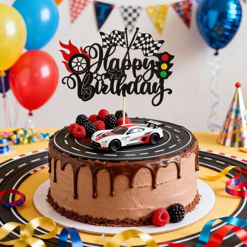1Pcs Race Car Happy Birthday Cake Topper, Glitter Traffic Light Trophy Flag Car Cake Topper Race Cars Checkered Flag Theme Decorations for Boys Girls Birthday Party in Saudi Arabia