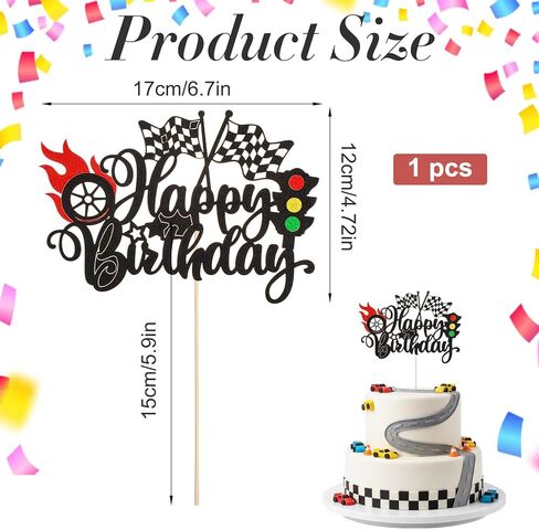 1Pcs Race Car Happy Birthday Cake Topper, Glitter Traffic Light Trophy Flag Car Cake Topper Race Cars Checkered Flag Theme Decorations for Boys Girls Birthday Party in Saudi Arabia