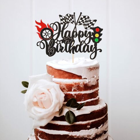 1Pcs Race Car Happy Birthday Cake Topper, Glitter Traffic Light Trophy Flag Car Cake Topper Race Cars Checkered Flag Theme Decorations for Boys Girls Birthday Party in Saudi Arabia