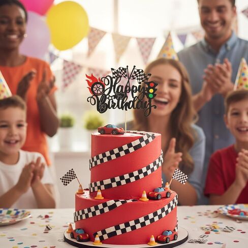 1Pcs Race Car Happy Birthday Cake Topper, Glitter Traffic Light Trophy Flag Car Cake Topper Race Cars Checkered Flag Theme Decorations for Boys Girls Birthday Party in Saudi Arabia