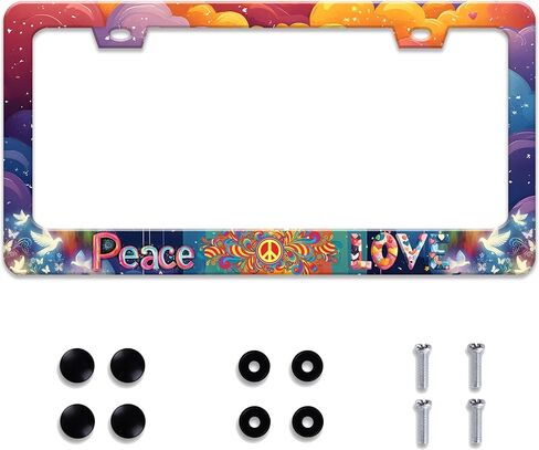 Personalized License Plate Frame Peace and Love Stainless Steel Accessory Hippie License Plate Holder Funny Car Decorative 2 Holes Screws Fits Us Standard License Plates 12.2 X 6.3 in for Men Women in Saudi Arabia
