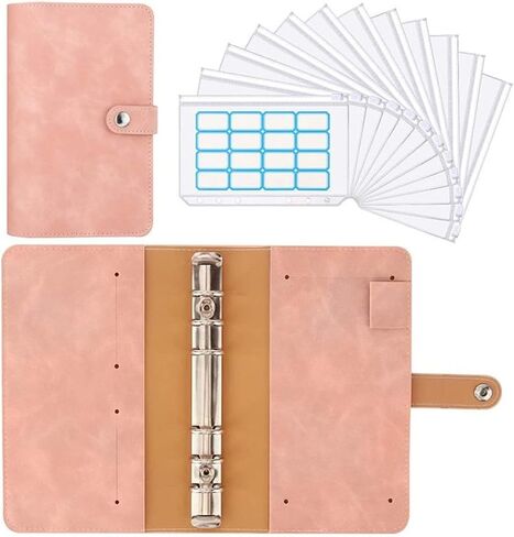 A6 Binder PU Leather Budget Planner Refillable 6 Round Rings Cover Notebook Folder with 12 PCS Clear Plastic Envelopes(Pink-12PCS Clear) in Saudi Arabia