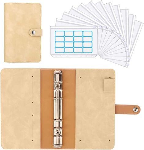 A6 Binder PU Leather Budget Planner Refillable 6 Round Rings Cover Notebook Folder with 12 PCS Clear Plastic Envelopes(Pink-12PCS Clear) in Saudi Arabia