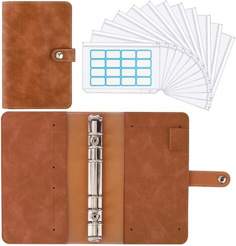 A6 Binder PU Leather Budget Planner Refillable 6 Round Rings Cover Notebook Folder with 12 PCS Clear Plastic Envelopes(Pink-12PCS Clear) in Saudi Arabia