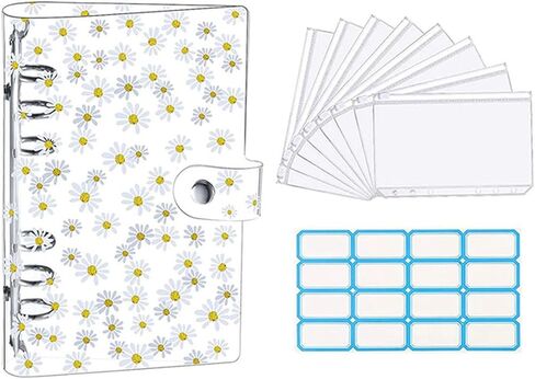 A6 Clear Soft PVC Binder Budget Notebook Cover Planner Folder Cash Envelope System with 8PCS Zipper Pockets(A6 Daisy-8pcs) in Saudi Arabia