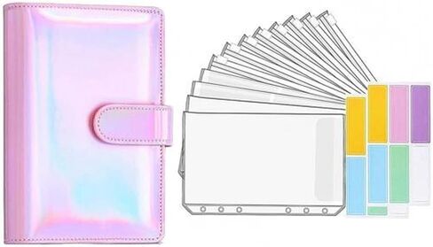 A6 Office Budgets Planner Transparent Pockets Waterproof Faux Leather File Folder Receipt Coupon Cash Envelope Binder(Laser Pink) in Saudi Arabia