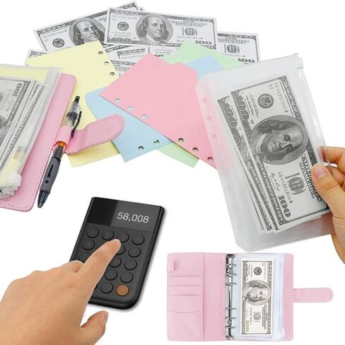 A6 Office Budgets Planner Transparent Pockets Waterproof Faux Leather File Folder Receipt Coupon Cash Envelope Binder(Laser Pink) in Saudi Arabia