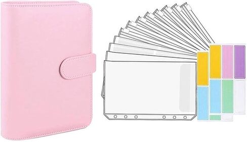 A6 Office Budgets Planner Transparent Pockets Waterproof Faux Leather File Folder Receipt Coupon Cash Envelope Binder(Laser Pink) in Saudi Arabia