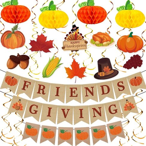 Friendsgiving Party Decorations, 22Pcs Friendsgiving Banner with Hanging Paper Pumpkins Thanksgiving Swirls Streamer for Friendsgivings Thanksgiving Fall Home Office Party Decorations in Kuwait