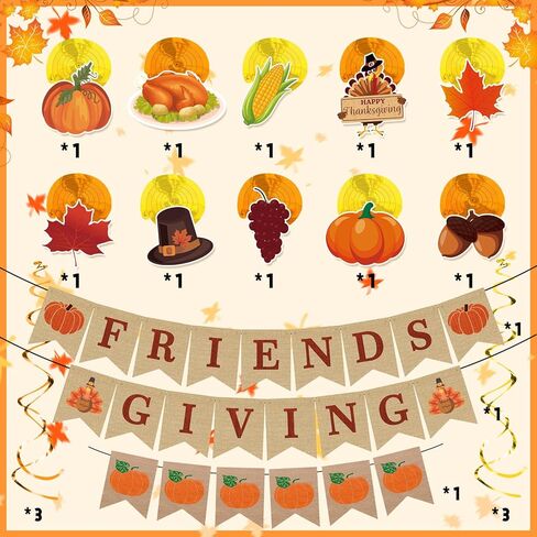 Friendsgiving Party Decorations, 22Pcs Friendsgiving Banner with Hanging Paper Pumpkins Thanksgiving Swirls Streamer for Friendsgivings Thanksgiving Fall Home Office Party Decorations in Saudi Arabia