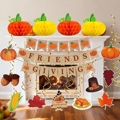 Friendsgiving Party Decorations, 22Pcs Friendsgiving Banner with Hanging Paper Pumpkins Thanksgiving Swirls Streamer for Friendsgivings Thanksgiving Fall Home Office Party Decorations in Saudi Arabia