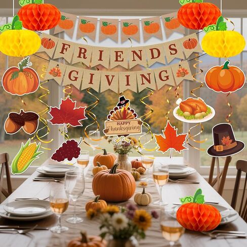 Friendsgiving Party Decorations, 22Pcs Friendsgiving Banner with Hanging Paper Pumpkins Thanksgiving Swirls Streamer for Friendsgivings Thanksgiving Fall Home Office Party Decorations in Saudi Arabia
