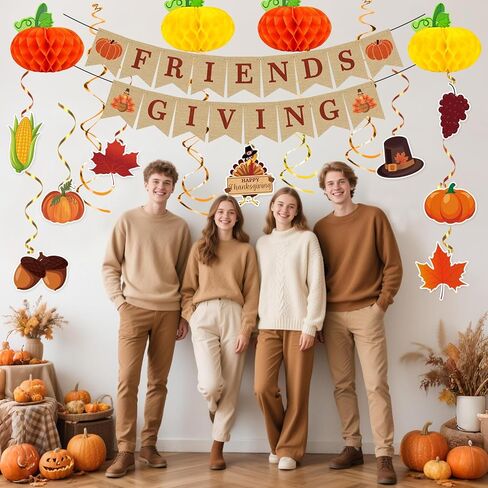Friendsgiving Party Decorations, 22Pcs Friendsgiving Banner with Hanging Paper Pumpkins Thanksgiving Swirls Streamer for Friendsgivings Thanksgiving Fall Home Office Party Decorations in Saudi Arabia