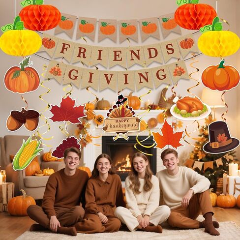 Friendsgiving Party Decorations, 22Pcs Friendsgiving Banner with Hanging Paper Pumpkins Thanksgiving Swirls Streamer for Friendsgivings Thanksgiving Fall Home Office Party Decorations in Saudi Arabia