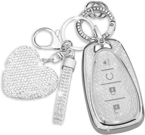 QBUC لغطاء مفتاح Chevy Key Fob مع سلسلة مفاتيح ماسية، حافظة مفاتيح 4 أزرار متوافقة مع شيفروليه إكوينوكس ماليبو كامارو كروز ترافيرس بليزر تراكس فولت بولت حامي مفتاح للنساء (S-أبيض) in Kuwait