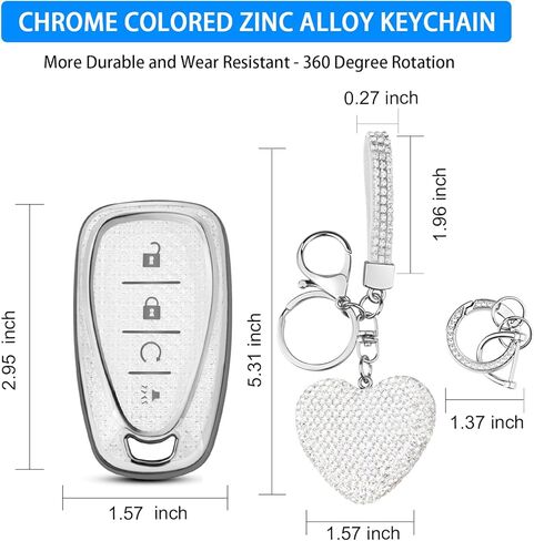 QBUC لغطاء مفتاح Chevy Key Fob مع سلسلة مفاتيح ماسية، حافظة مفاتيح 4 أزرار متوافقة مع شيفروليه إكوينوكس ماليبو كامارو كروز ترافيرس بليزر تراكس فولت بولت حامي مفتاح للنساء (S-أبيض) in Kuwait