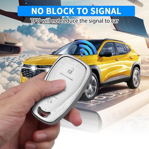 QBUC لغطاء مفتاح Chevy Key Fob مع سلسلة مفاتيح ماسية، حافظة مفاتيح 4 أزرار متوافقة مع شيفروليه إكوينوكس ماليبو كامارو كروز ترافيرس بليزر تراكس فولت بولت حامي مفتاح للنساء (S-أبيض) in Kuwait