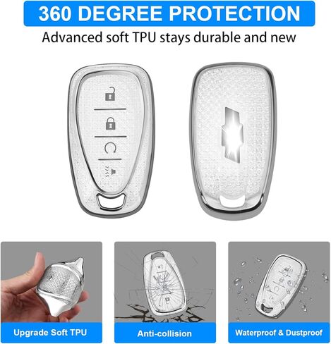 QBUC لغطاء مفتاح Chevy Key Fob مع سلسلة مفاتيح ماسية، حافظة مفاتيح 4 أزرار متوافقة مع شيفروليه إكوينوكس ماليبو كامارو كروز ترافيرس بليزر تراكس فولت بولت حامي مفتاح للنساء (S-أبيض) in Kuwait