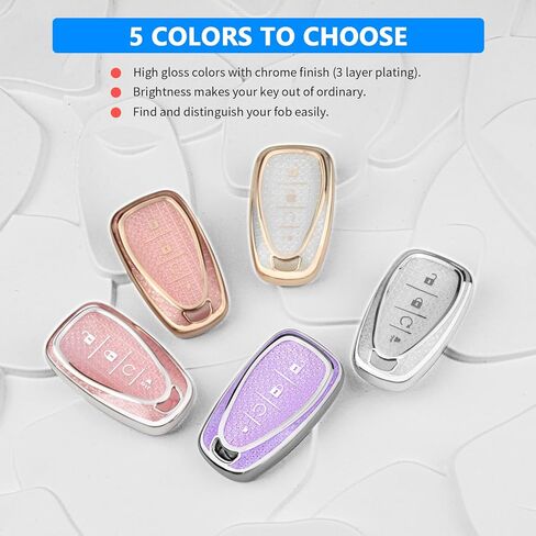 QBUC لغطاء مفتاح Chevy Key Fob مع سلسلة مفاتيح ماسية، حافظة مفاتيح 4 أزرار متوافقة مع شيفروليه إكوينوكس ماليبو كامارو كروز ترافيرس بليزر تراكس فولت بولت حامي مفتاح للنساء (S-أبيض) in Kuwait