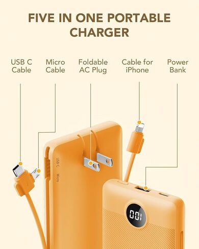 VRURC Portable Charger with Cables and Wall Plug | Power Bank with Cords | 10000mAh Portable Charger with AC Plug | External Battery Pack (Pure White) in Saudi Arabia