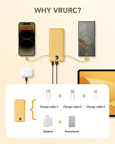 VRURC Portable Charger with Cables and Wall Plug | Power Bank with Cords | 10000mAh Portable Charger with AC Plug | External Battery Pack (Pure White) in Saudi Arabia
