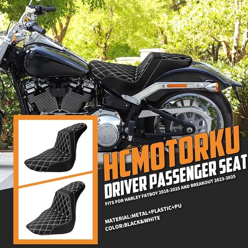 وسادة خلفية أمامية لمقعد السائق من قطعة واحدة تناسب Harley Softail Fat Boy FLFB FLFBS 2018-2025 Breakout FXBR 2023-2025 (خياطة بيضاء) in Kuwait