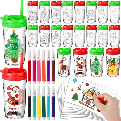 Teenyyou 32 Sets Christmas Color Your Own Cups 8 oz Christmas Coloring Cup with Lid and Straw DIY Mug Kit Paintable Tumblers with 24 Colorful Pens 32 Paper Inserts for Xmas Gifts Home Party Favors in Saudi Arabia