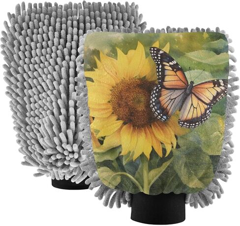 AIXIWAWA Car Wash Mitt Washing Glove Scratch Free Water Absorbent 2 Pack Medium Sunflower Butterfly Print in Saudi Arabia