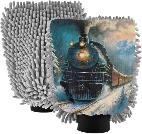 AIXIWAWA Car Wash Mitt Washing Glove Scratch Free Water Absorbent 2 Pack Large Vintage Winter Train Print in Saudi Arabia
