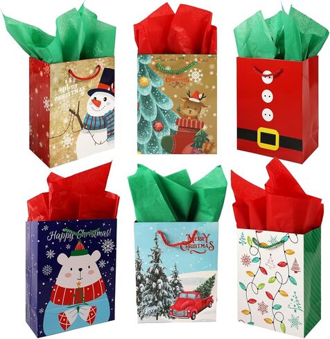Qukou Christmas Bags for Gift with 24 Sheet Tissue Paper, 24 PCS Xmas Paper Party Gift Candy Bags for Christmas Party Favors (24) in Kuwait