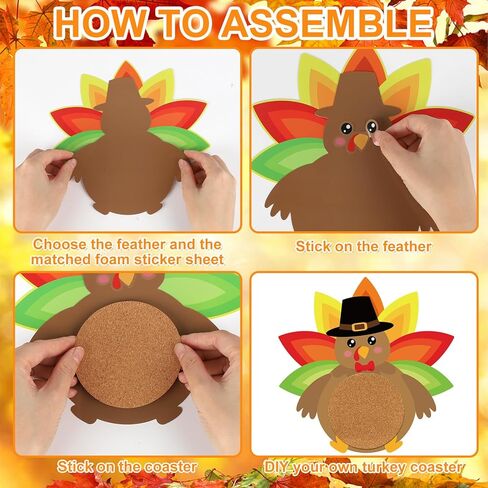 6 PCS Turkey Coaster Craft Kits, Thanksgiving DIY Crafts Table Favors, Make Your Own Turkey Craft for Party Favors Supplies (Ripe) in Saudi Arabia