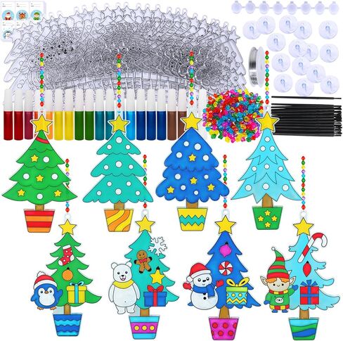 Winlyn 24 Sets Potted Christmas Tree Suncatchers Ornaments Decorations DIY Window Paint Art Suncatchers Winter Crafts Painting Kits for Kids Classroom Activities Art Project Party Favors in Saudi Arabia