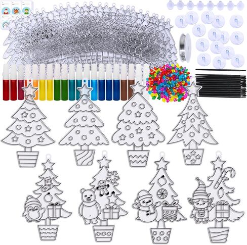 Winlyn 24 Sets Potted Christmas Tree Suncatchers Ornaments Decorations DIY Window Paint Art Suncatchers Winter Crafts Painting Kits for Kids Classroom Activities Art Project Party Favors in Saudi Arabia