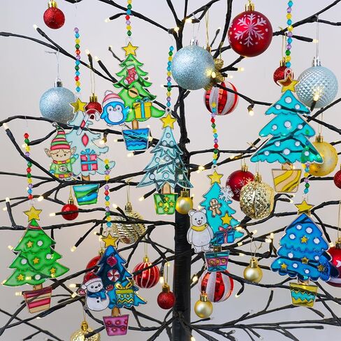 Winlyn 24 Sets Potted Christmas Tree Suncatchers Ornaments Decorations DIY Window Paint Art Suncatchers Winter Crafts Painting Kits for Kids Classroom Activities Art Project Party Favors in Saudi Arabia