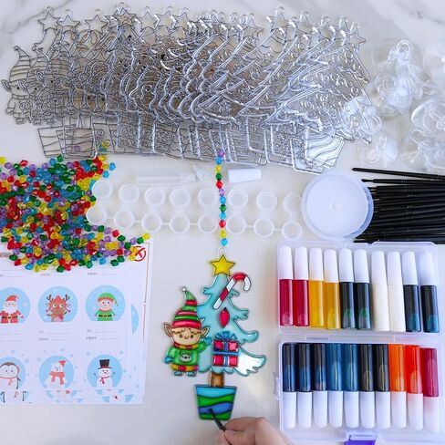 Winlyn 24 Sets Potted Christmas Tree Suncatchers Ornaments Decorations DIY Window Paint Art Suncatchers Winter Crafts Painting Kits for Kids Classroom Activities Art Project Party Favors in Saudi Arabia